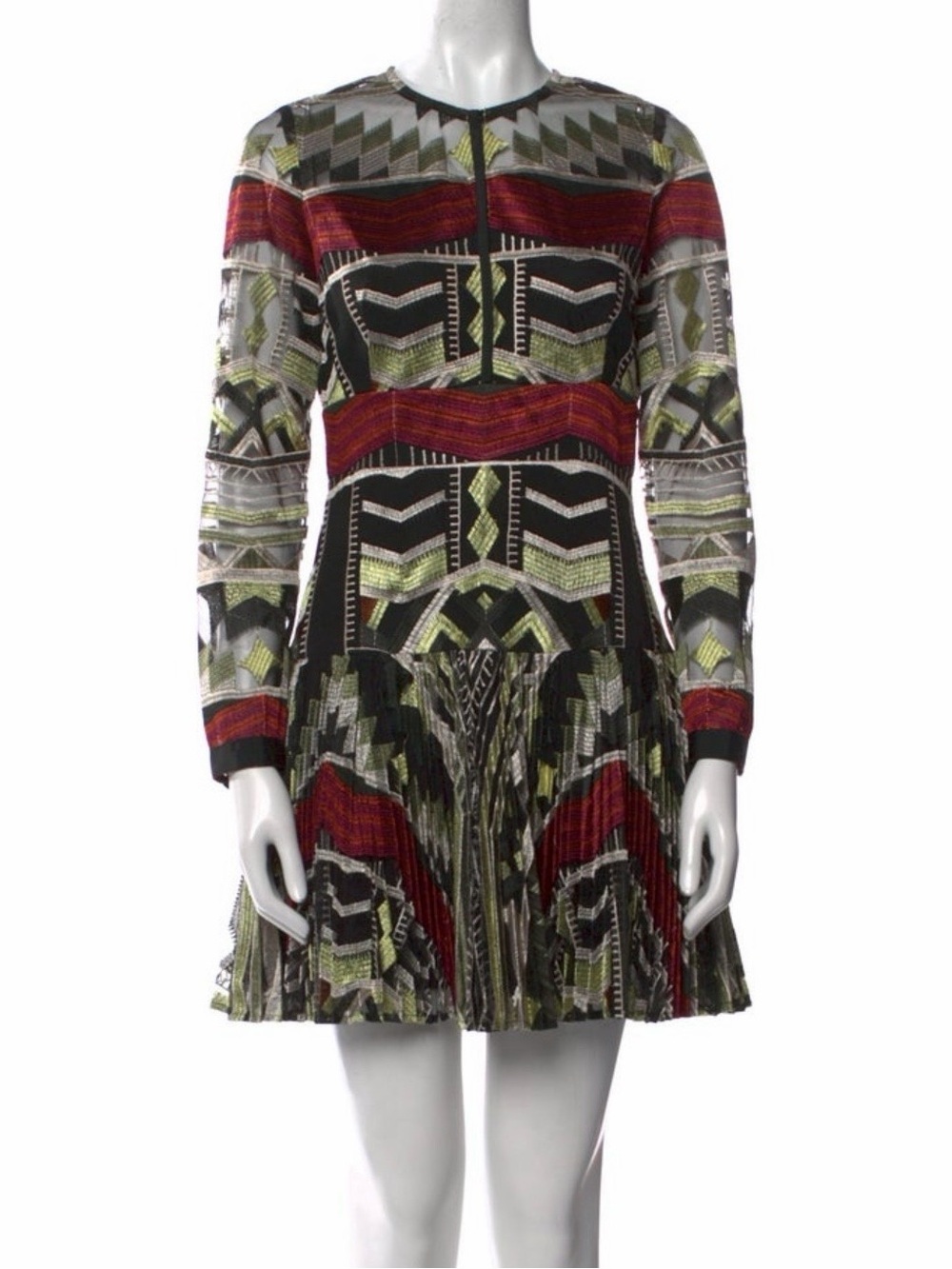 Alexis Long-Sleeve Geometric Print Mini Dress in Red, Black & Green